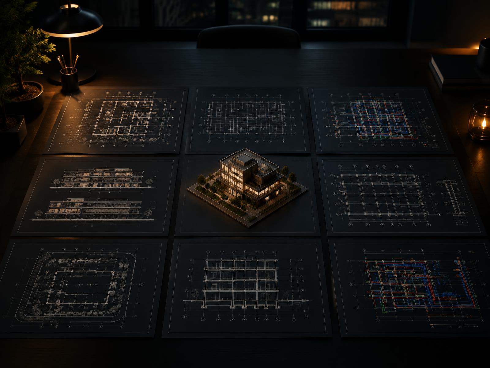 Coordinated architecture, structural and MEP drawing sets laid out in a grid around a building model