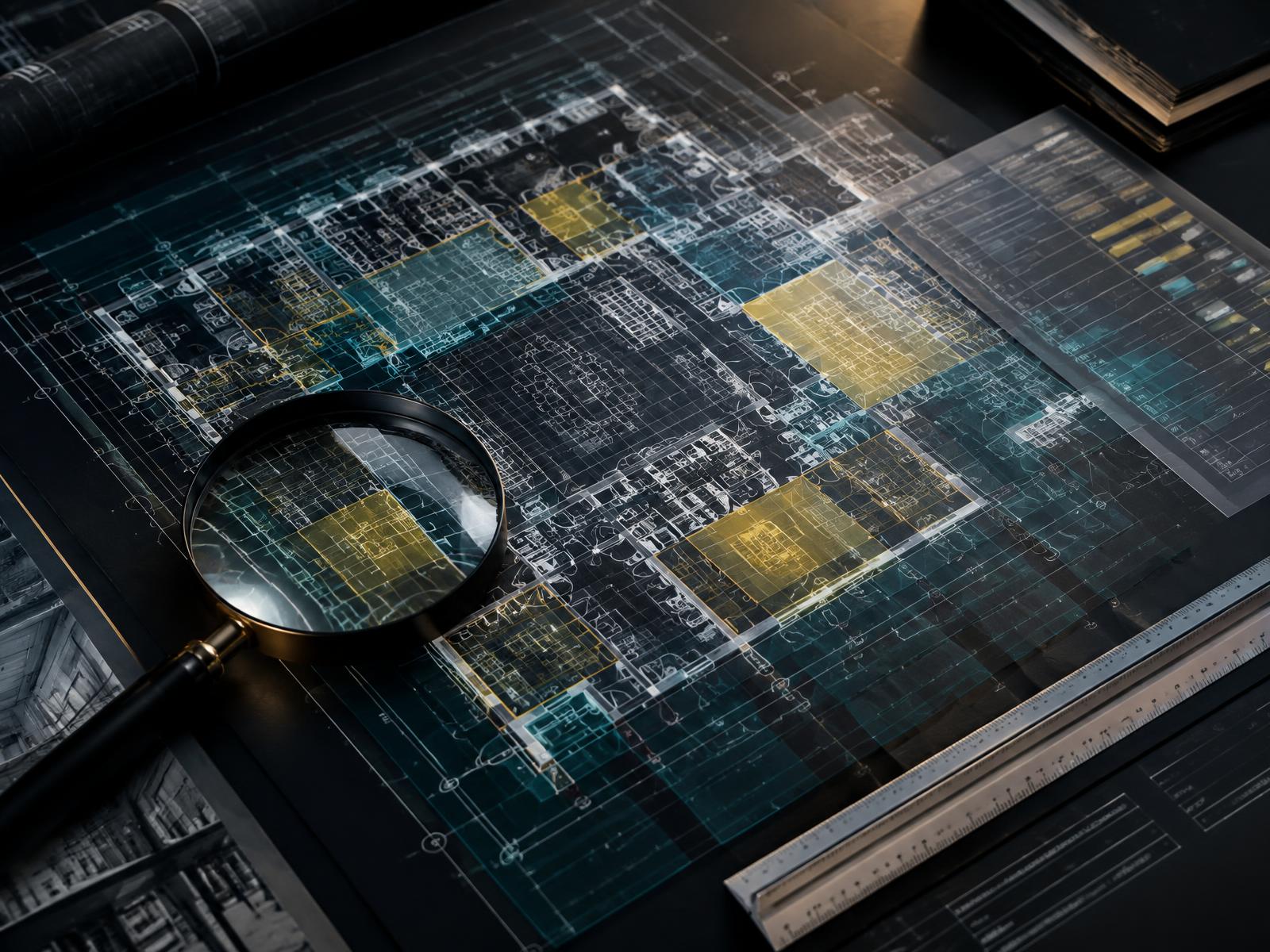 Generic building floor plan overlaid with measured grid layers and highlighted quantities on a dark desk
