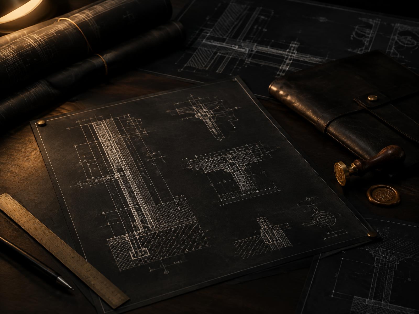 Dimensioned technical section drawings with a scale rule and document wallet on dark sheets