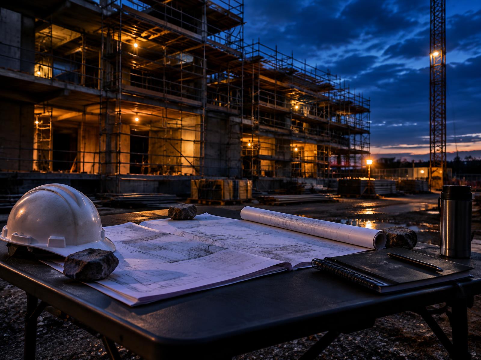 Generic construction site coordination table with open drawings and hard hat against a building under scaffolding at dusk