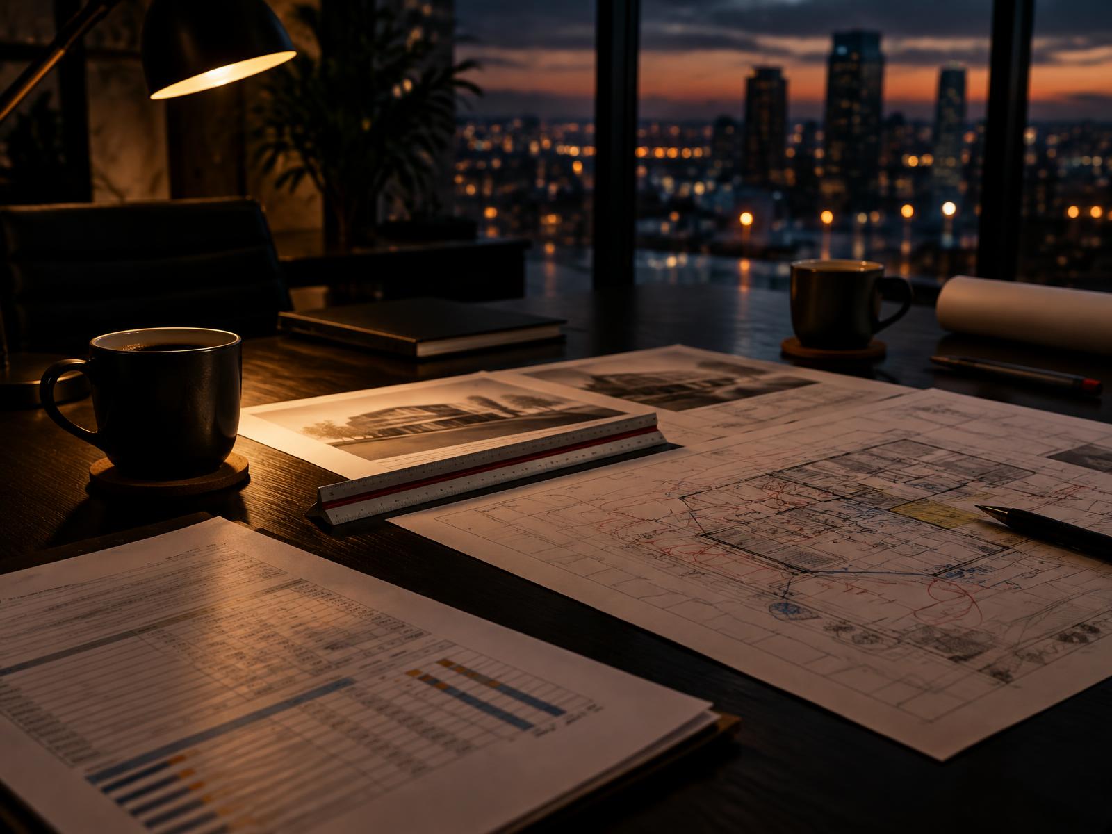 Joint cost and design workshop table with cost plan documents and marked-up drawings