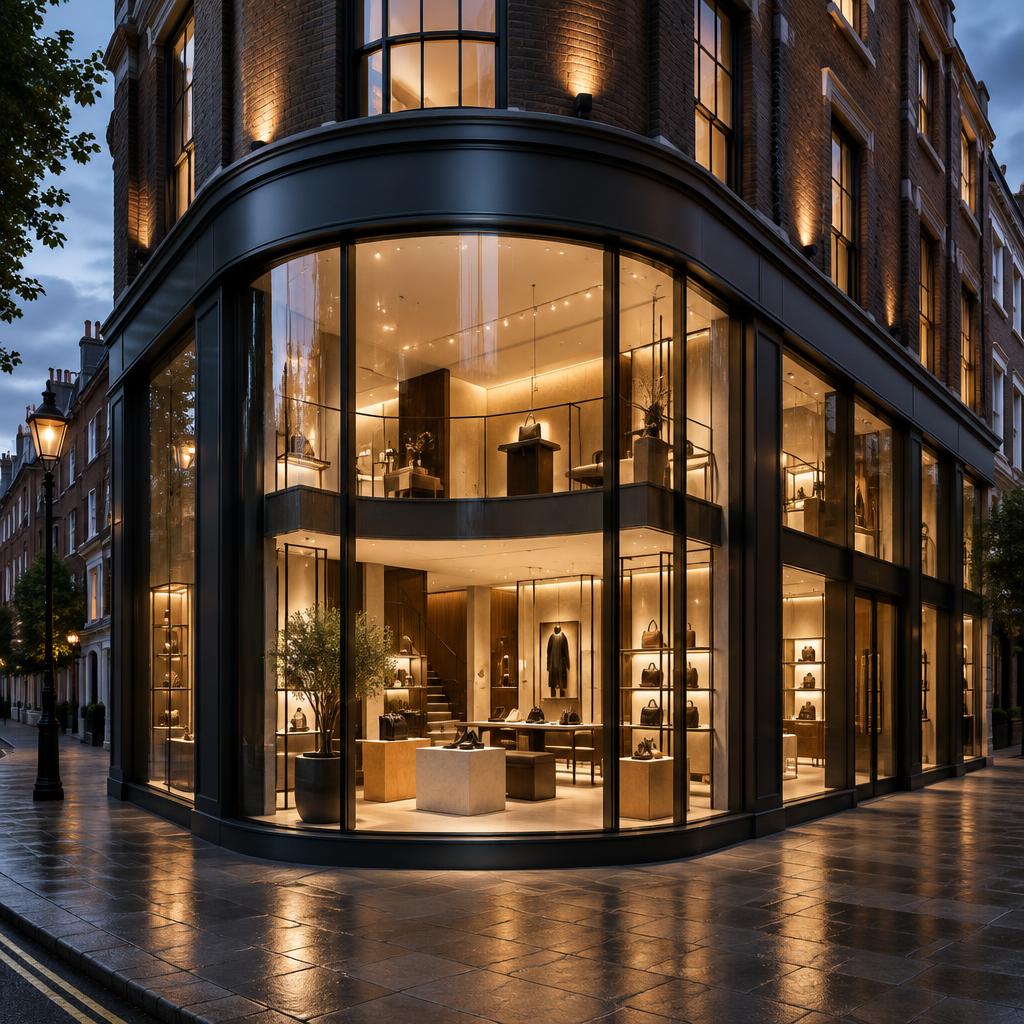 Contemporary corner retail unit with curved glazing and warm interior lighting
