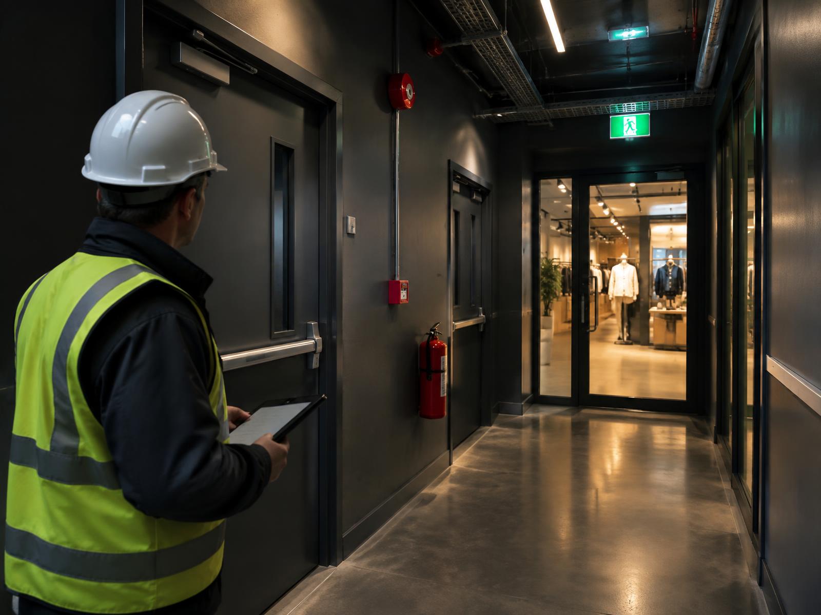 Fire safety specialist inspecting a retail escape corridor