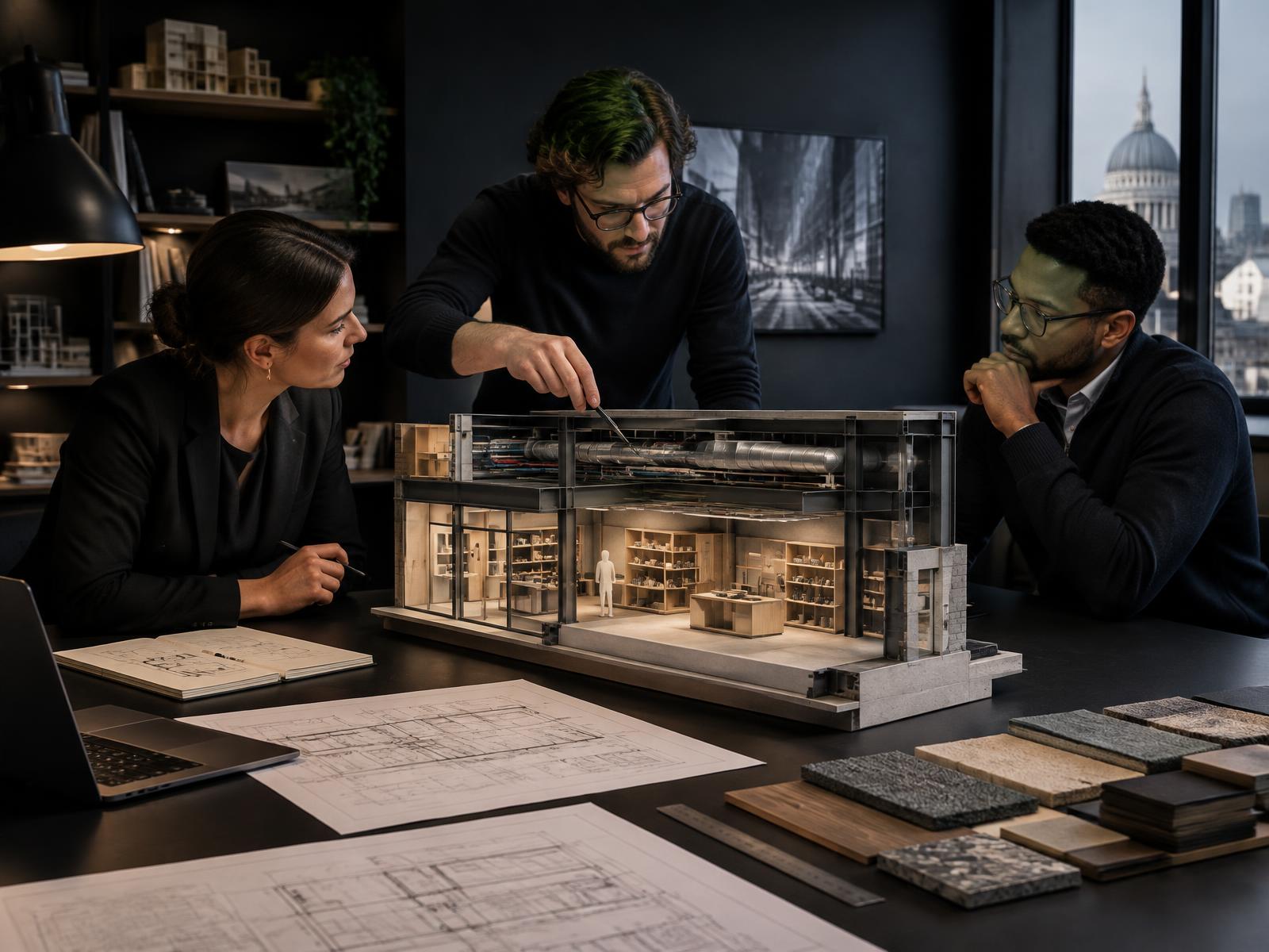 Design team coordinating structure and services in a retail unit model