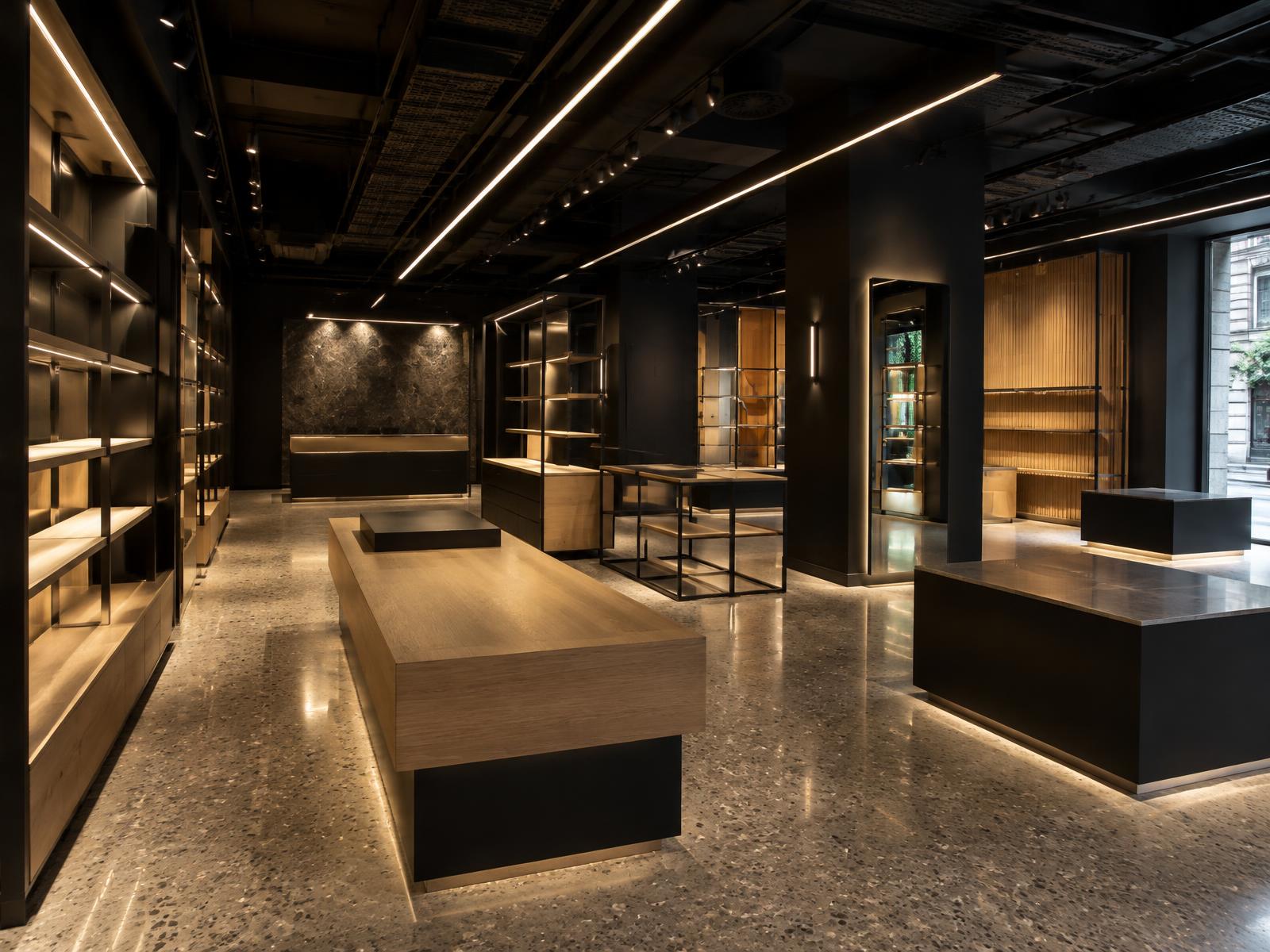Generic retail fit-out interior with oak displays and integrated lighting