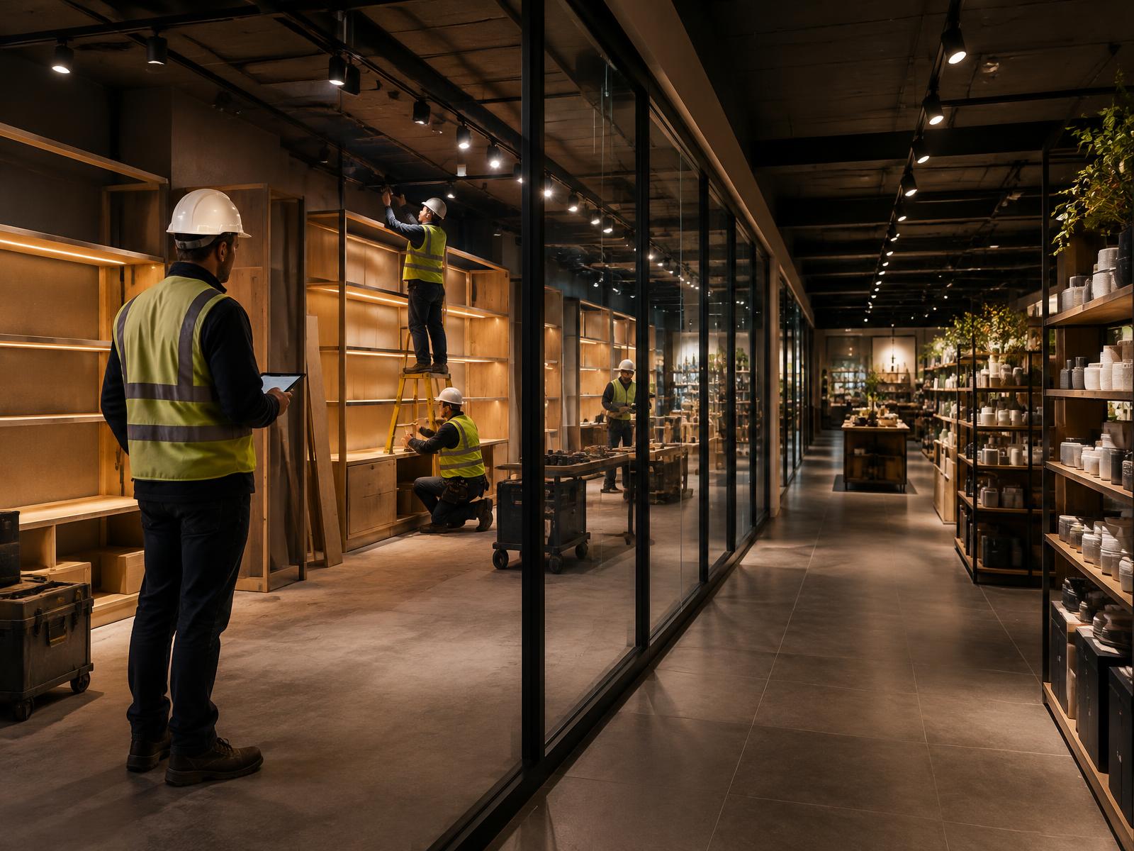 Site manager overseeing phased fit-out works beside a finished retail aisle