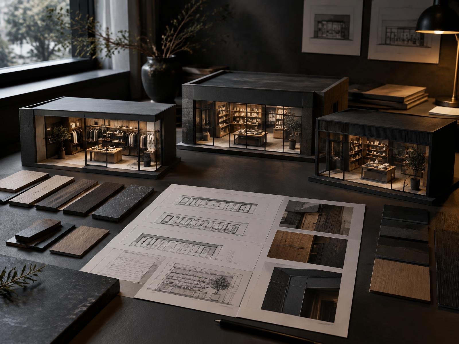 Three retail store models with coordinated fixtures and finish samples