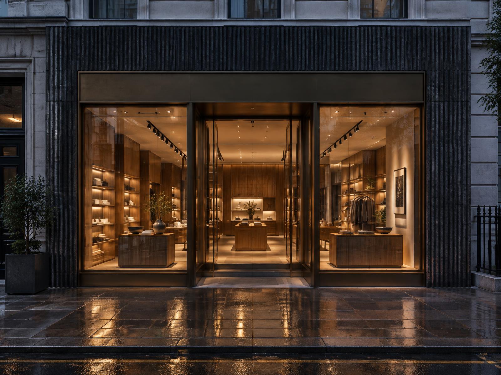 Generic retail storefront with bronze-framed glazing and dark stone surround