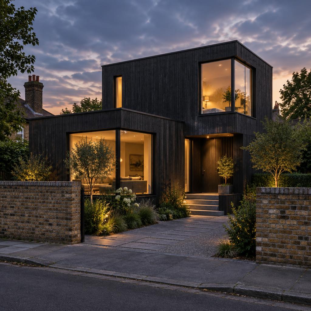 Bespoke dark timber self-build home with warm corner glazing at dusk