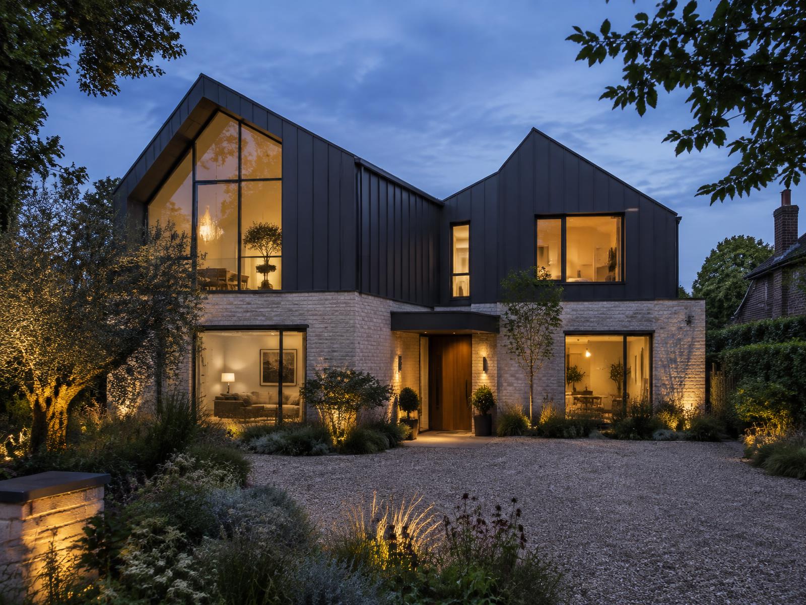 Generic completed self-build home with zinc pitched roofs and landscaped courtyard