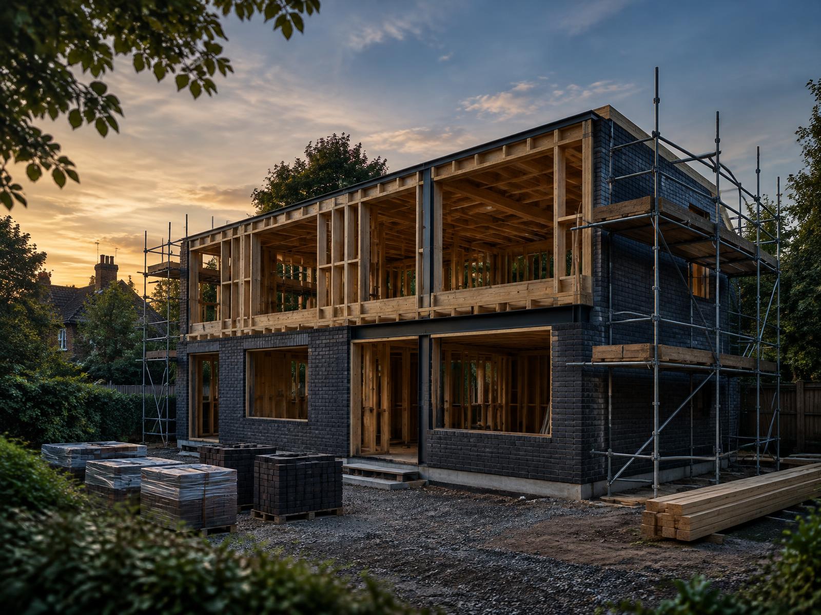 Generic self-build house under construction with timber frame and partial brick walls