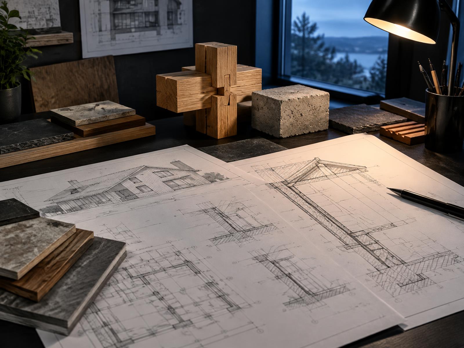 Technical house drawings with timber connections and material samples