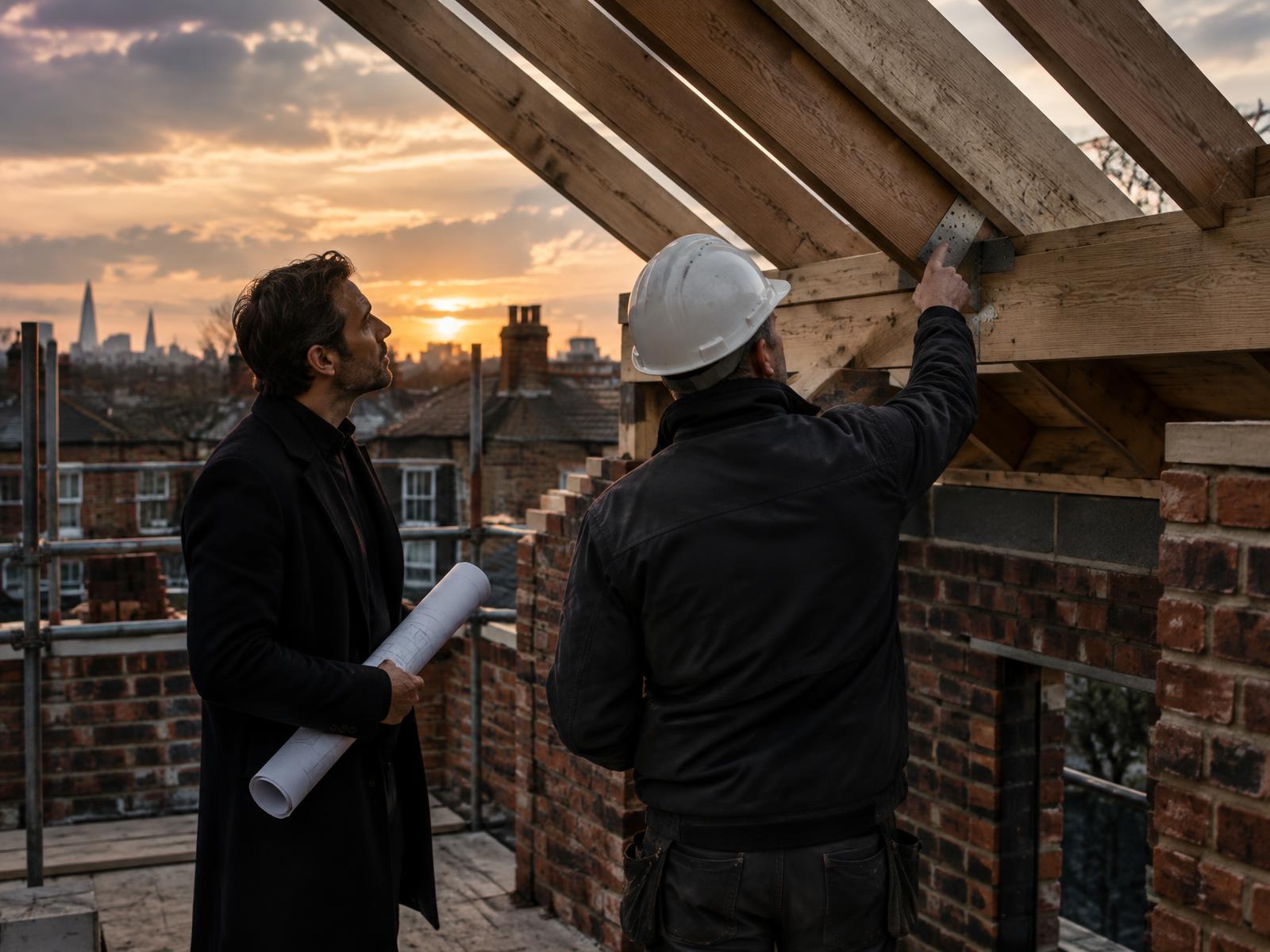 Architect and builder inspecting a timber roof connection on site