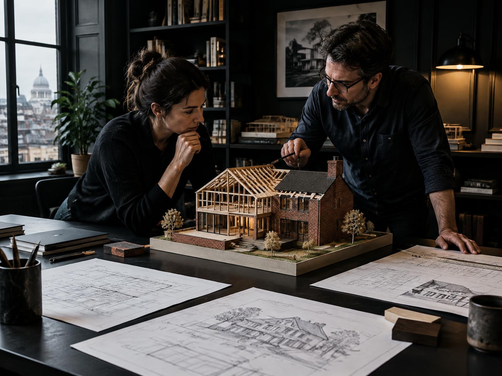 Architect and structural engineer reviewing a self-build house model