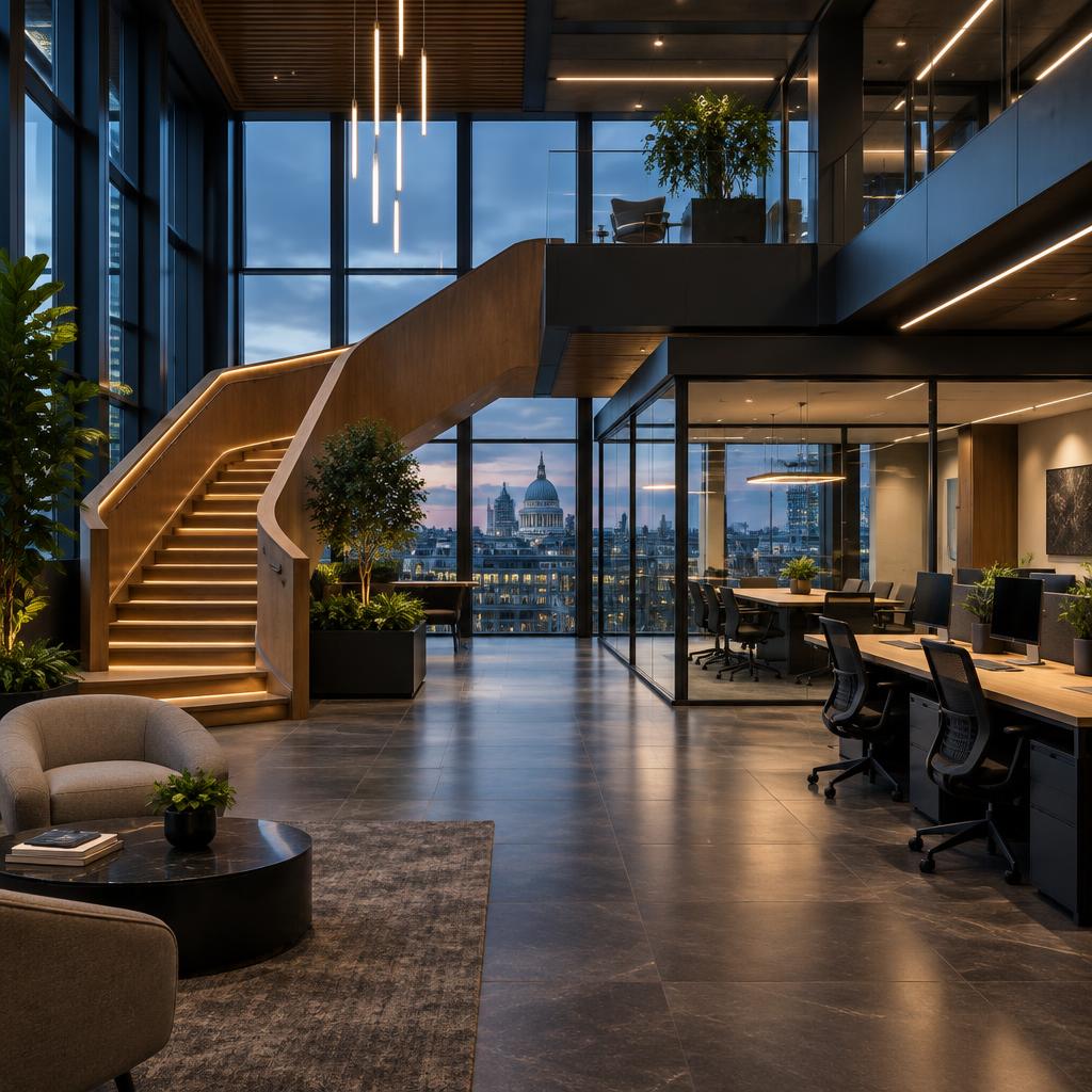 Premium office atrium with timber staircase and glazed workspace
