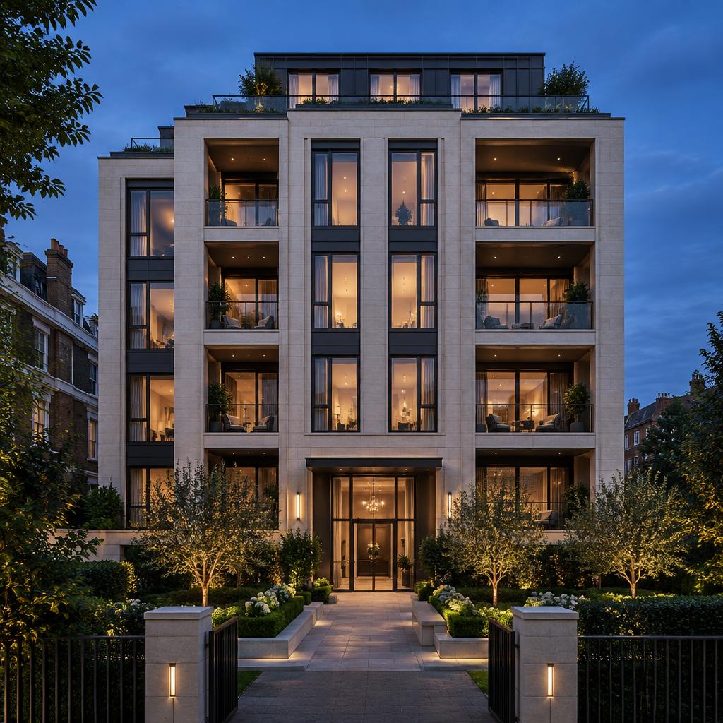 High-end residential development with limestone facade at dusk