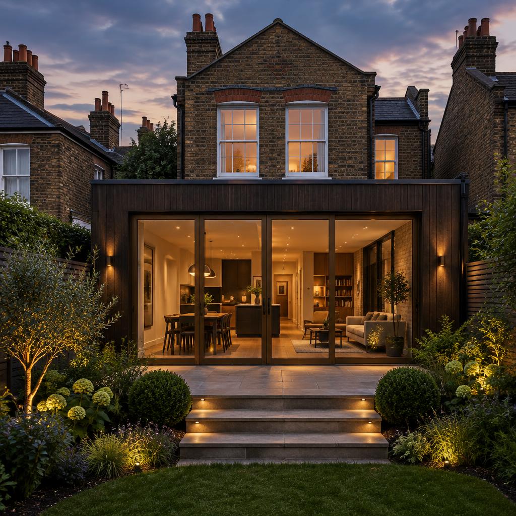 London brick home with a glazed rear extension opening to a garden