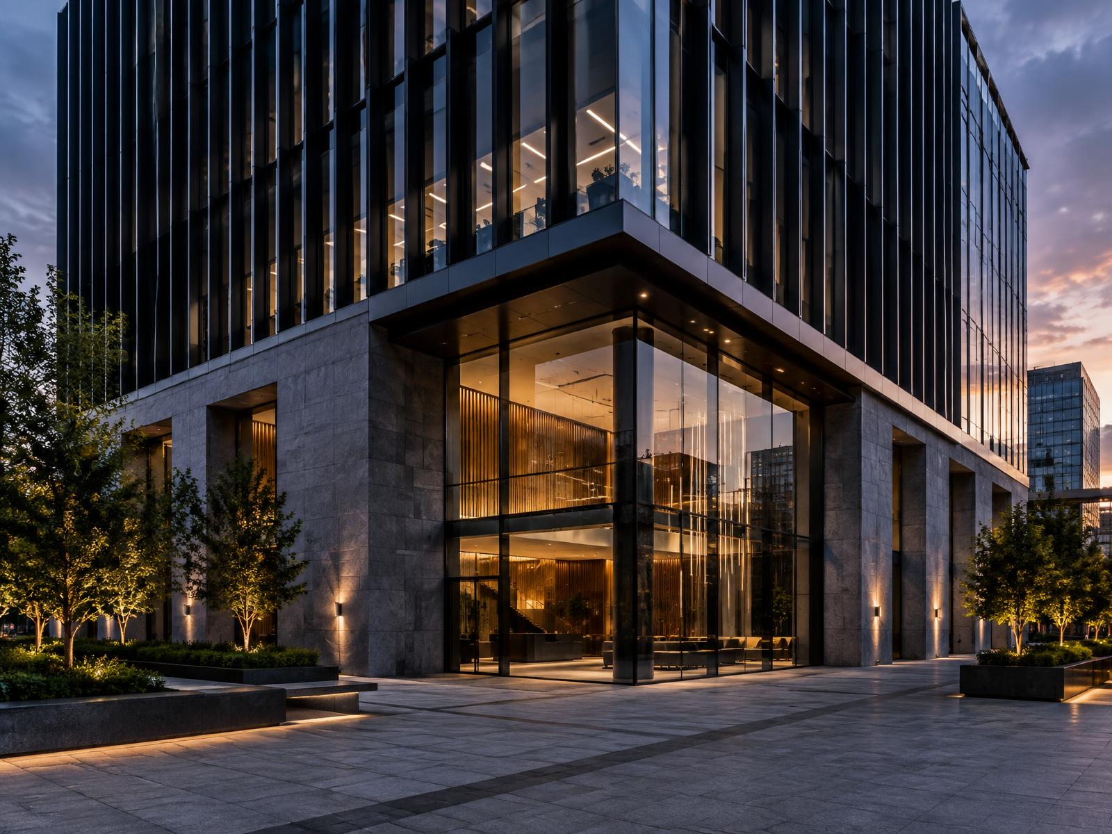 Premium commercial building facade with vertical glazing fins and street-level entrance