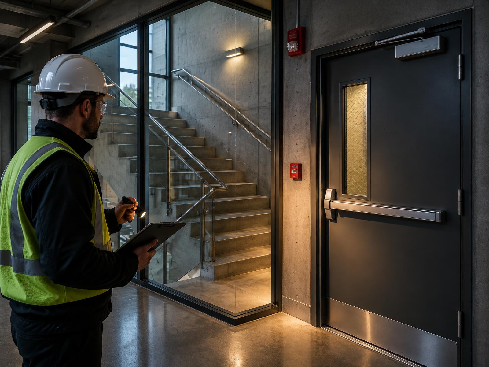 Hard-hatted professional inspecting a fire-rated stair enclosure