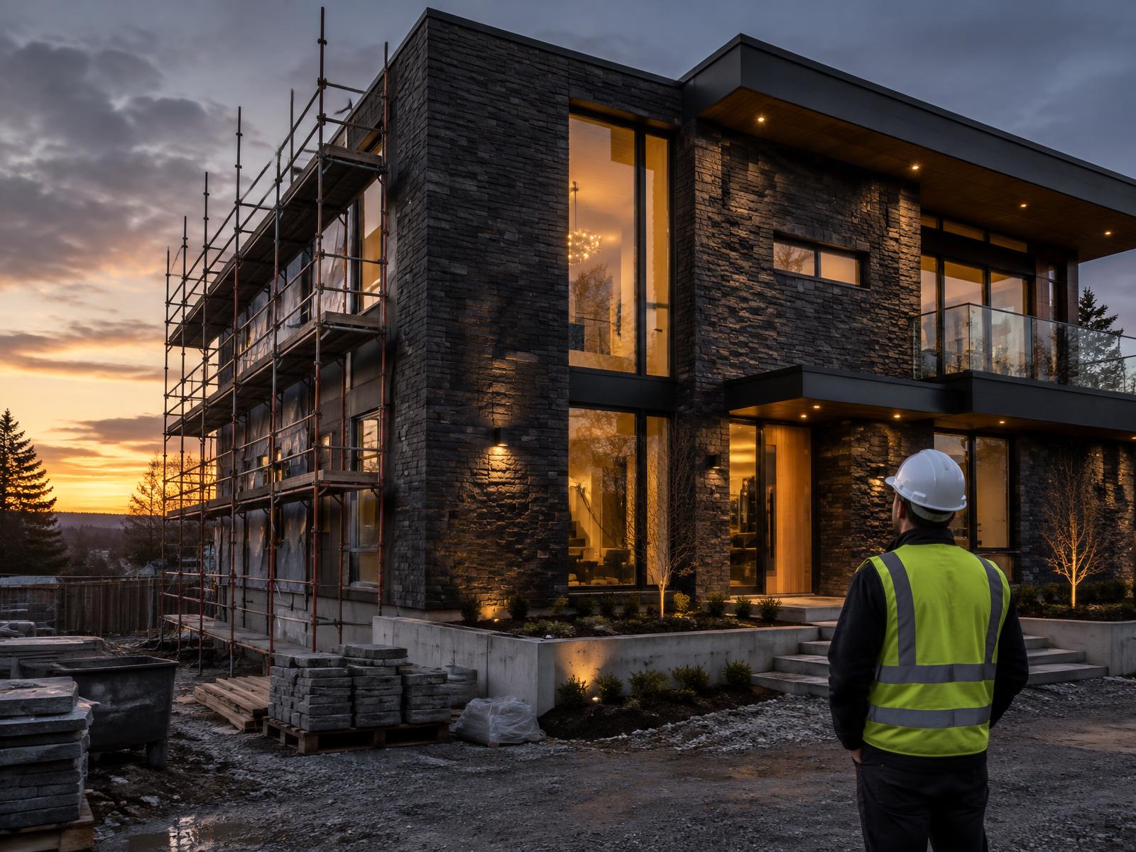 Site manager inspecting a residential building approaching completion