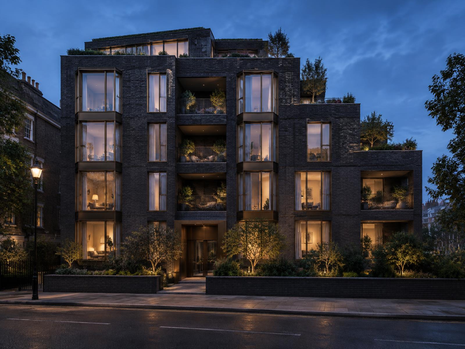Premium residential development building with dark cladding and glazed balconies at dusk