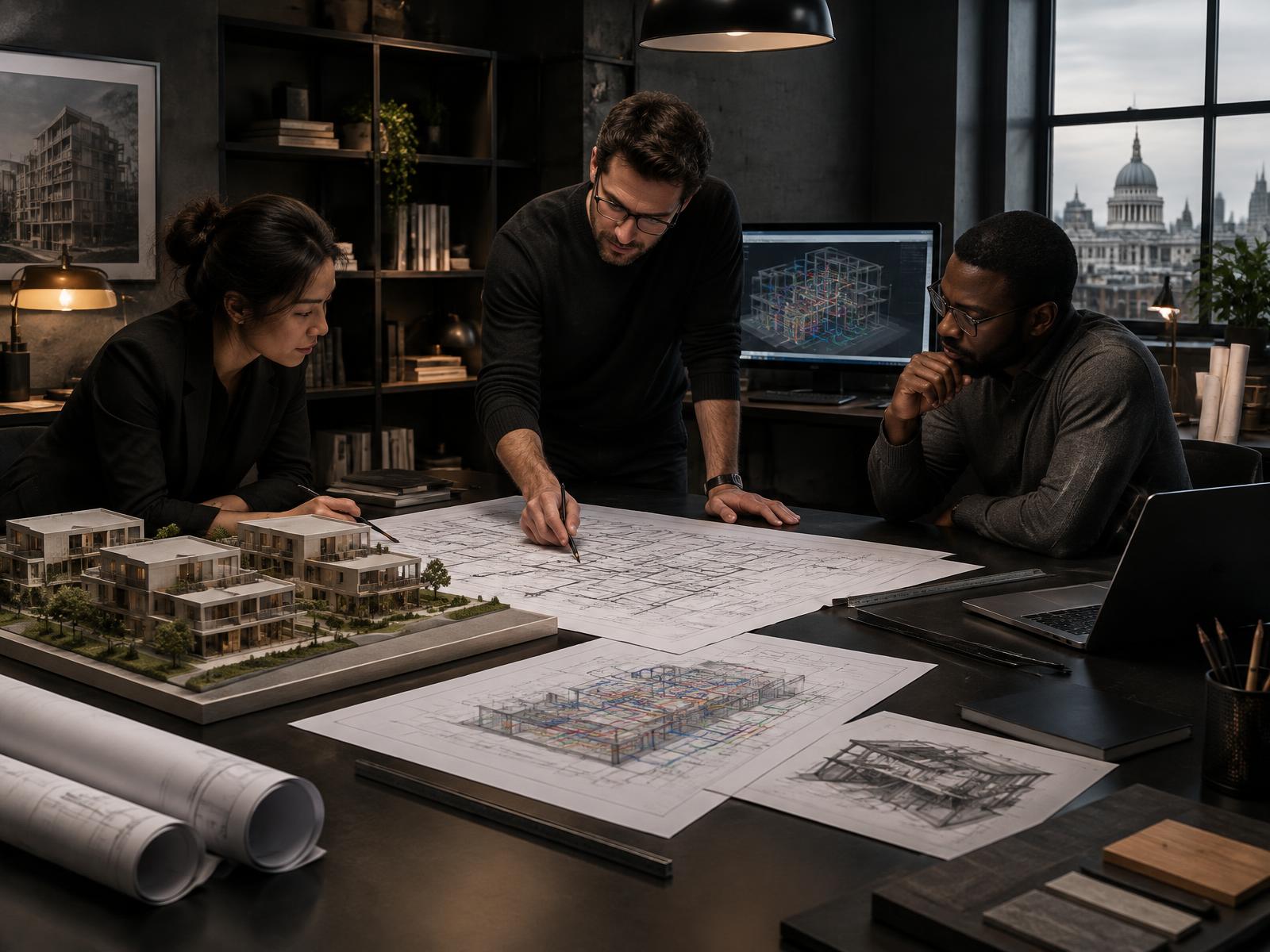 Architecture, structural and MEP team coordinating drawings in a studio