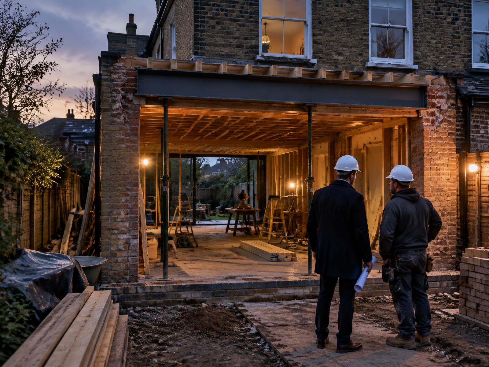 Architect and builder inspecting a London house extension during construction