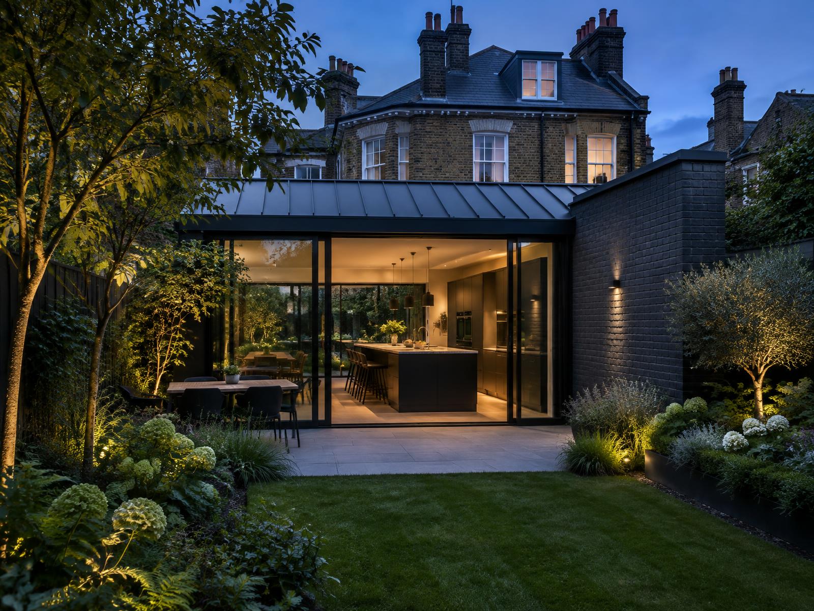 London house extension with dark framed glazing and zinc roof opening to a garden