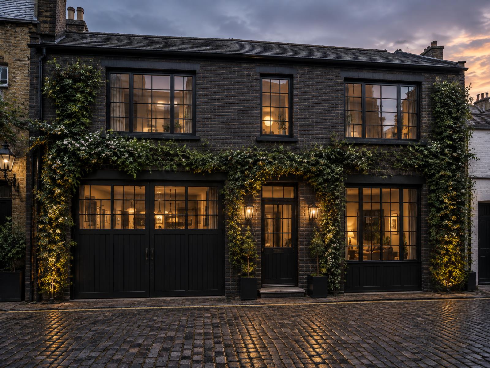 Refurbished London mews house with dark brick and black steel-framed windows