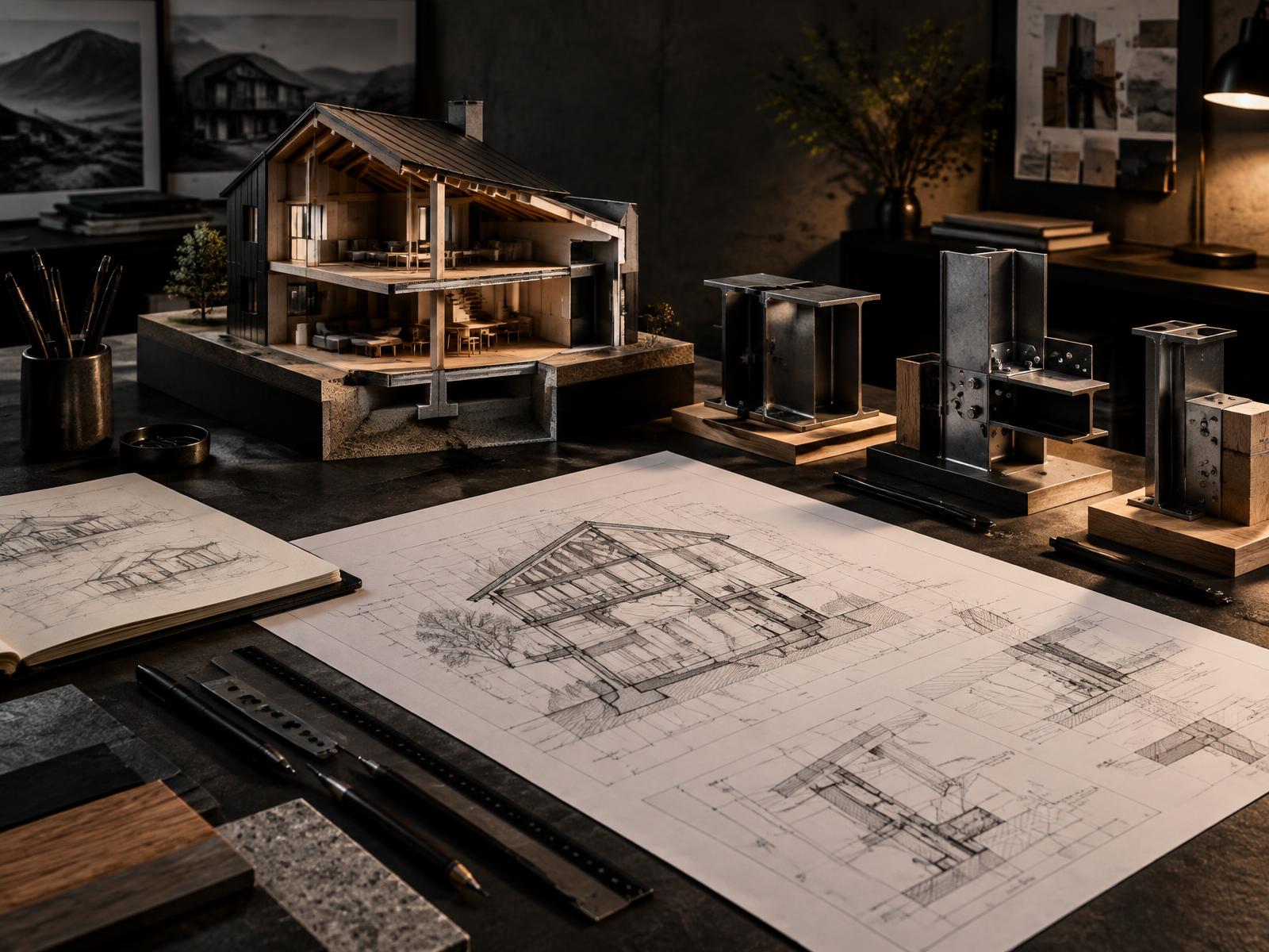 House model, technical drawings and structural connection samples