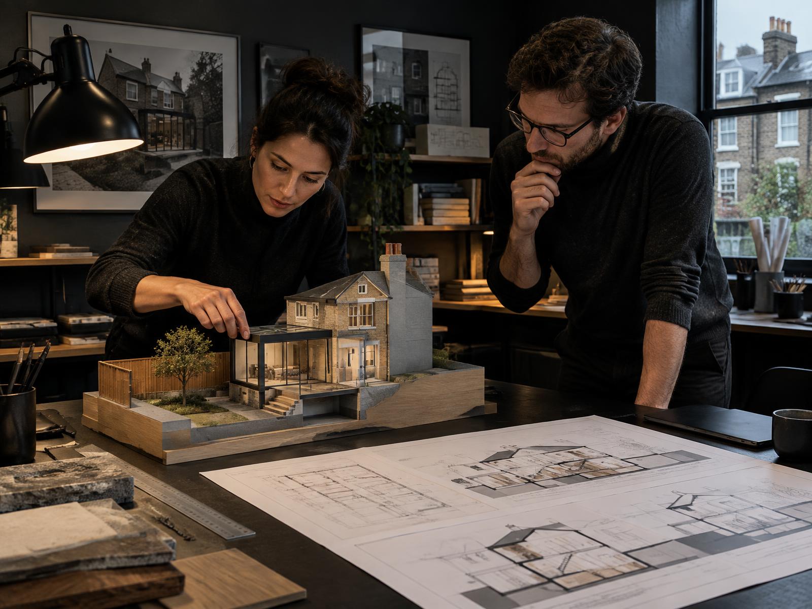 Architect and structural engineer reviewing a house extension model