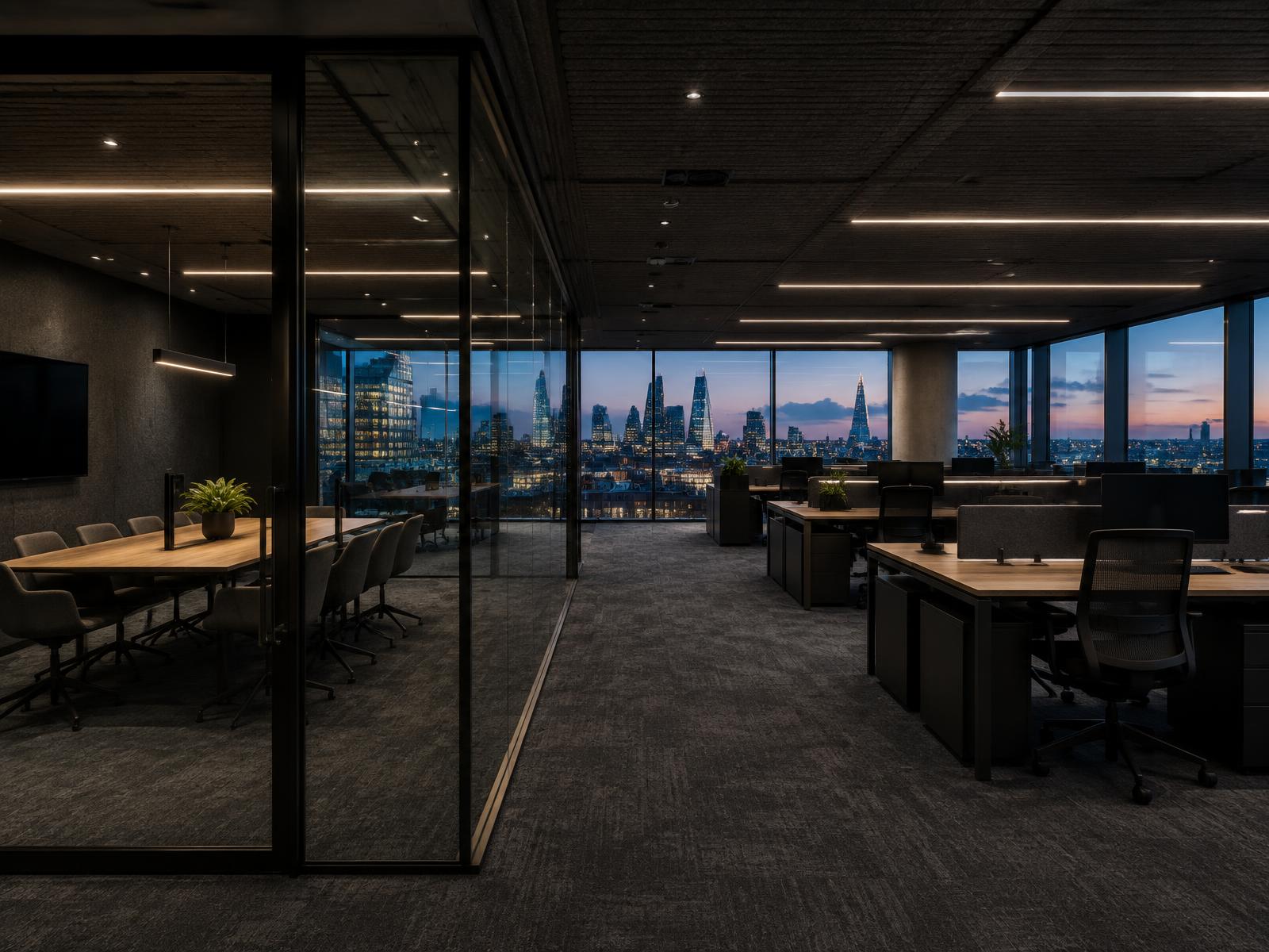 Completed office fit-out with glass meeting rooms and coordinated lighting