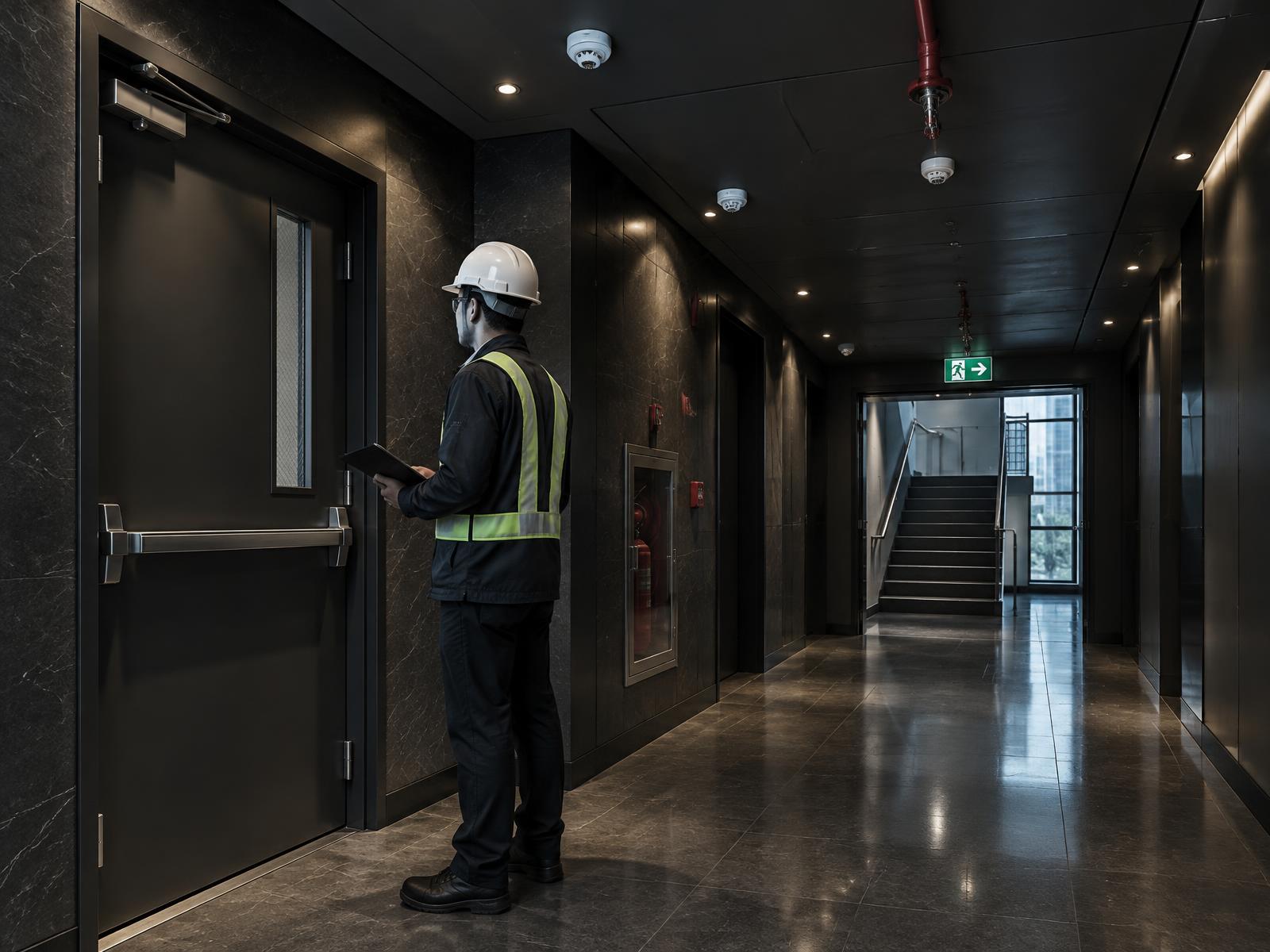 Safety engineer inspecting a commercial fire escape corridor