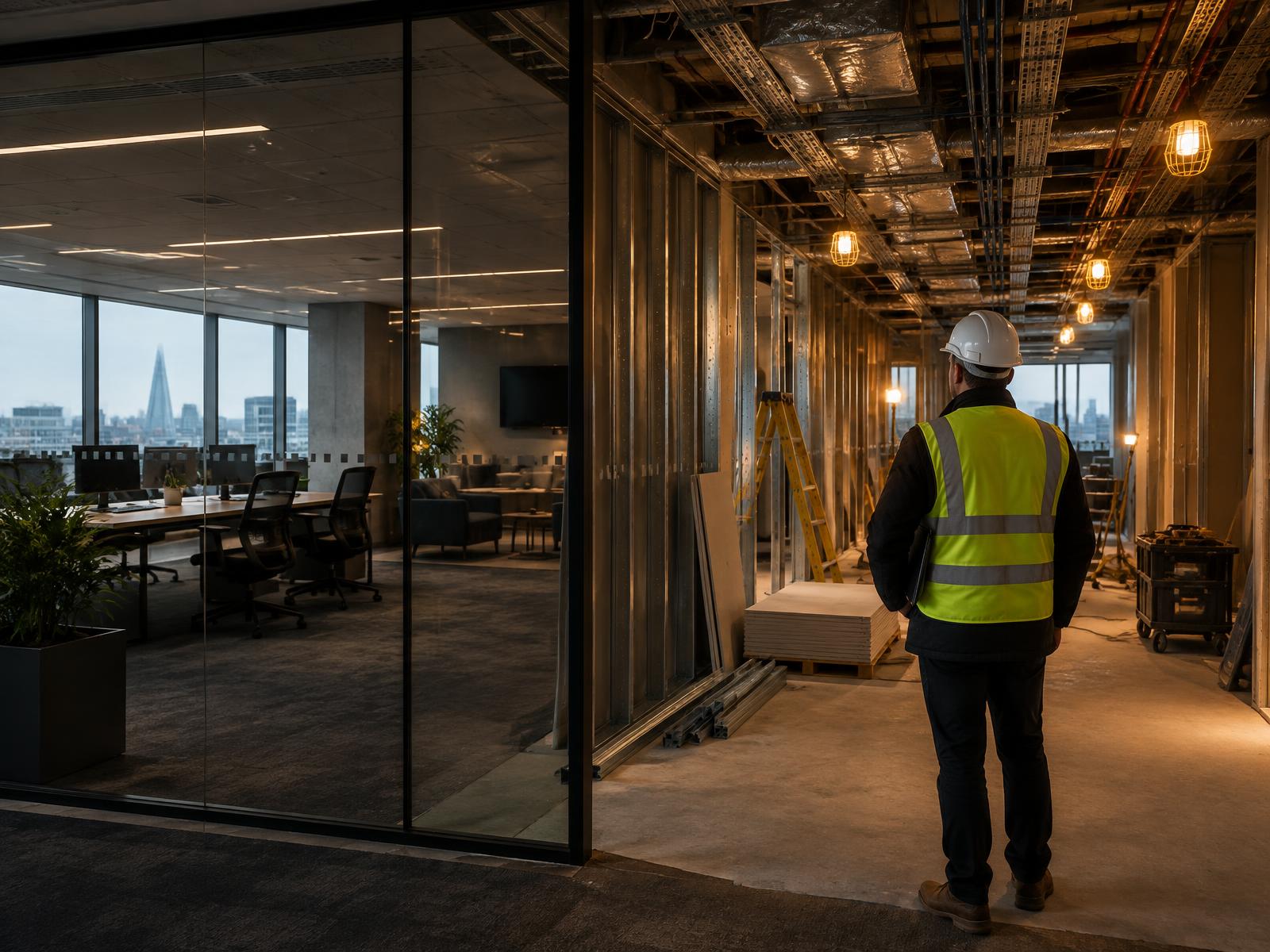 Site manager overseeing phased refurbishment beside an occupied office