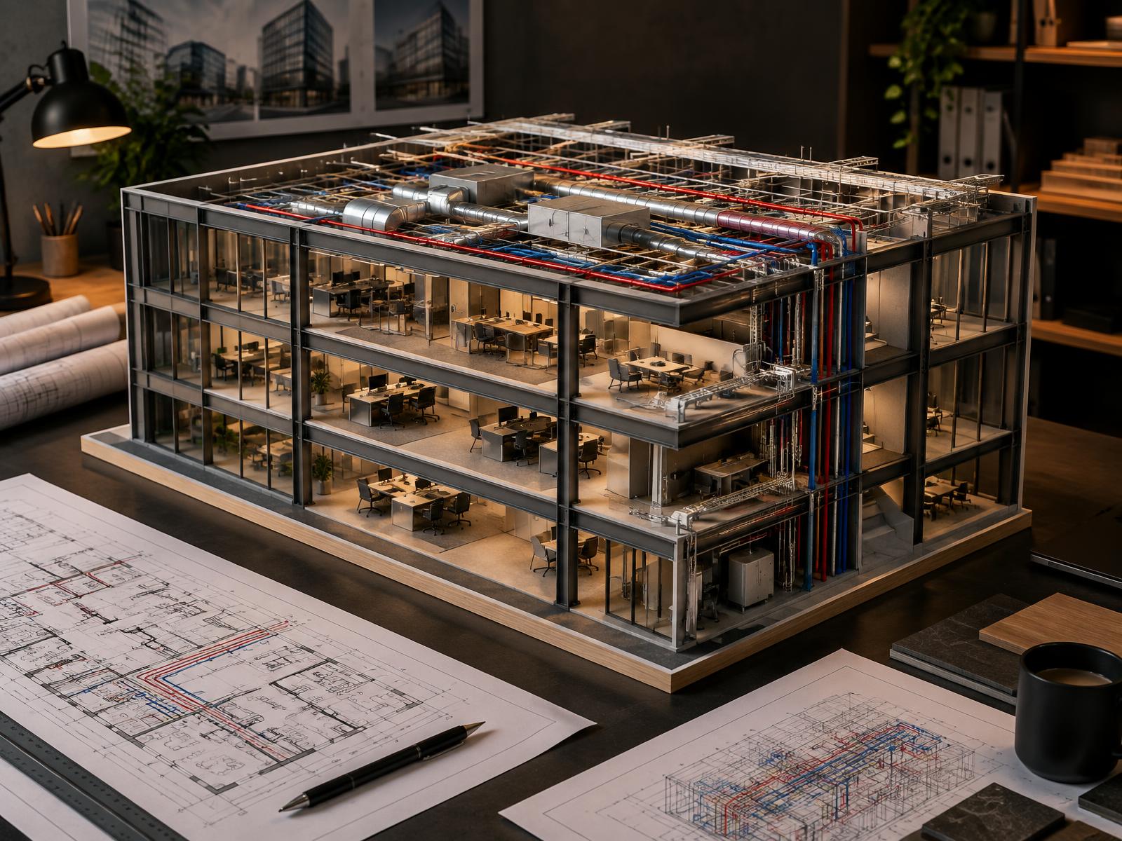 Coordinated office model showing architecture, structure and building services