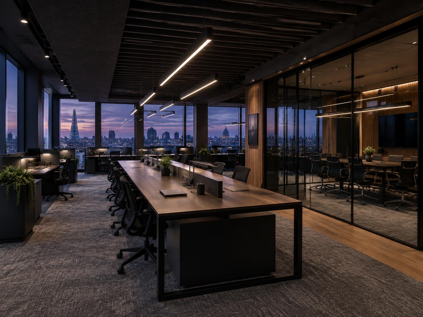 Premium commercial office fit-out with dark open-plan workspace and city views