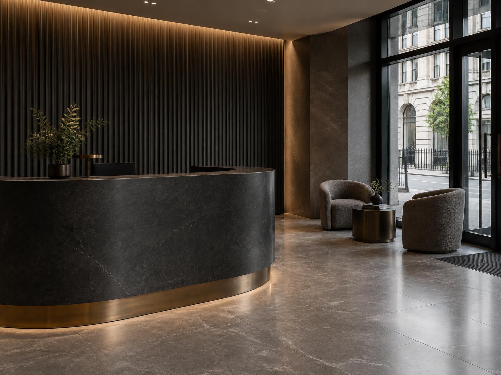 Refurbished premium office reception with charcoal stone desk and warm architectural lighting